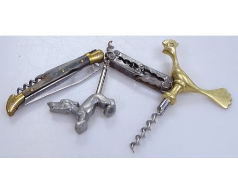 A horn and brass novelty penknife / corkscrew, and 3 other novelty corkscrews (4) 