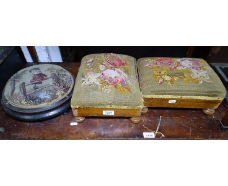 A pair of Victorian rosewood button footstools, with wool work upholstery. 