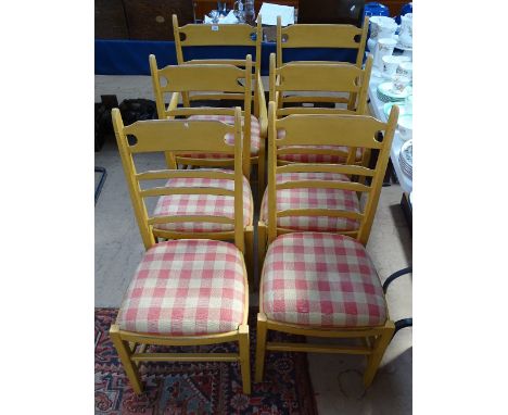 A set of 6 country farmhouse design ladder-back dining chairs, with drop-in seats 