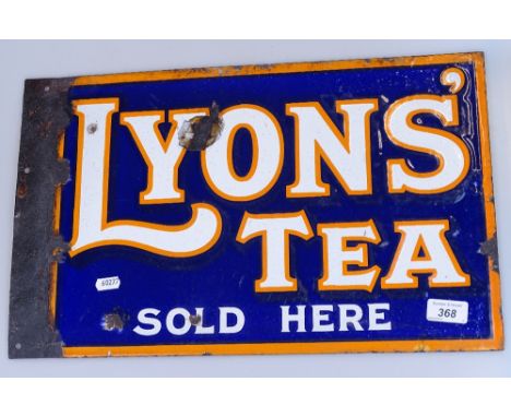 Vintage double-sided enamel sign advertising Lyon's Tea Sold Here (the fixing flange has been hammered flat), 19.5 x 12" over