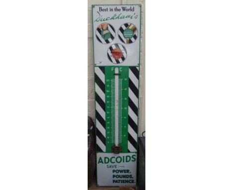 A large Vintage enamel advertising thermometer sign, for Duckham's Adcoids oil, height 45" 