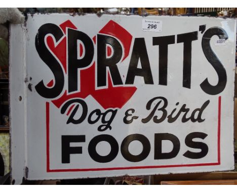 A Vintage enamel advertising sign for Spratt's Dog and Bird Foods, 16" x 12" 
