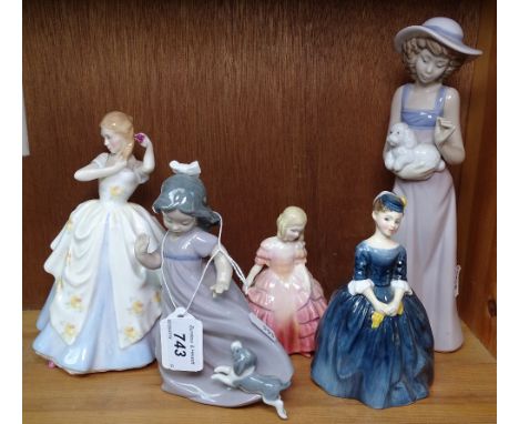 2 NAO figures, and 3 Royal Doulton ladies 