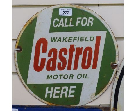 A Vintage enamelled steel advertising sign for Castrol Motor Oil, 12" across 