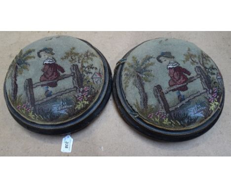 A pair of Victorian button footstool with beadwork decorated seat, diameter 11" 