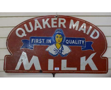 An Antique Quaker Maid milk enamel advertising sign, width 36", height 21" 