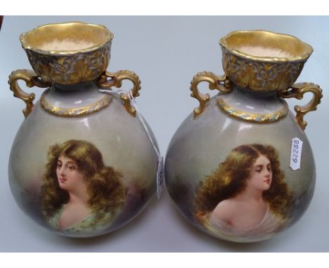 A pair of early 20th century Royal Bonn vases with portrait decoration, height 7.25" 