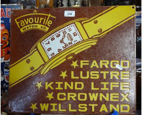 A Vintage enamel advertising sign for Favorite Watch Co, 15" x 18" 