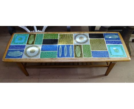 A mid-century rectangular teak and tile-top coffee table, with a slatted under-tier, L113cm 