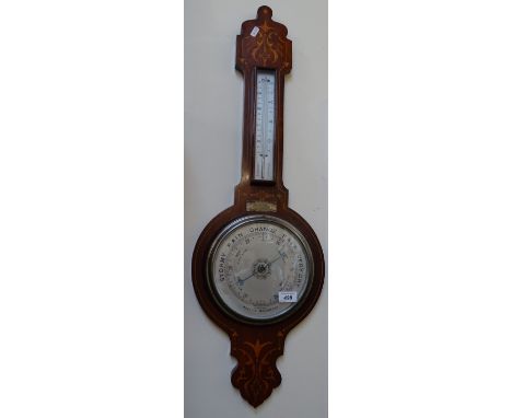 1930s inlaid mahogany-cased British aneroid barometer, 34" 