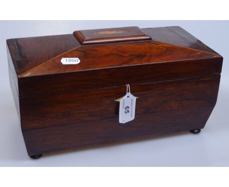 A 19th century rosewood and marquetry inlaid tea caddy, length 12" 