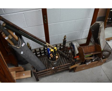 A selection of miscellaneous including cast fire grate , tools and sporting goods