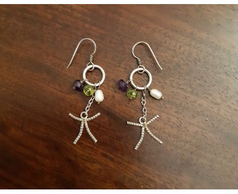 Pair of Jennie Ferguson Designs peridot, amethyst, fresh water pearl and silver earrings