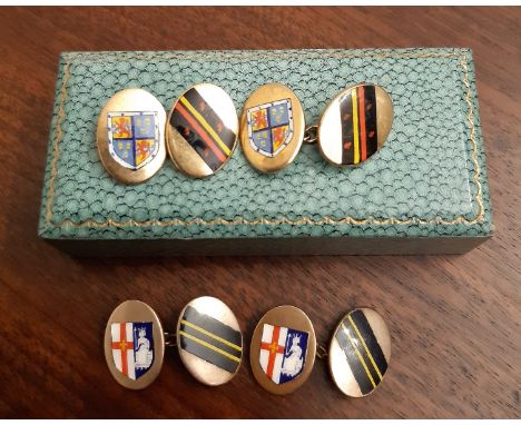 Two pairs of early 20th Century enamelled silver gilt cufflinks, faces with&nbsp;with school/college crests