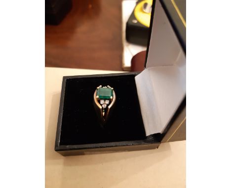 14k gold emerald and diamond ring of Mid Century design, emerald approx 0.75ct, ring size O