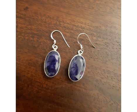 Pair purple sapphire and silver oval pendant earrings, each sapphire approx 4ct