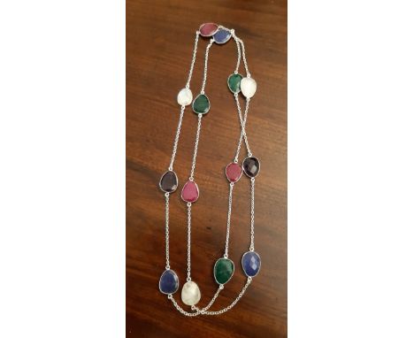 Silver and multi gem set necklace, set with fourteen varying coloured stones