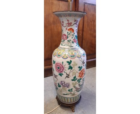 19th Century Cantonese Famille Verte porcelain baluster shaped vase, decorated with birds amongst foliage,  60cm high (damage