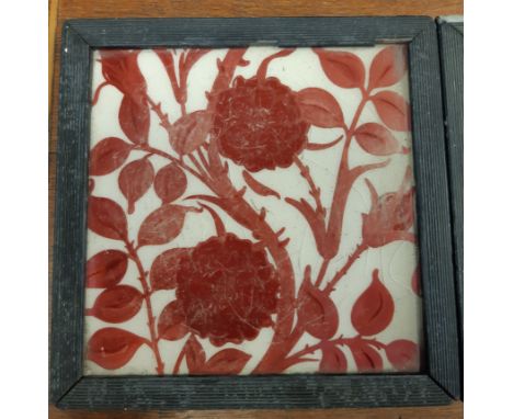 Victorian Aesthetic Movement red lustre pottery tile, probably Wiliam de Morgan, decorated with flowers and leaves, in reeded