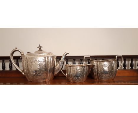 Late Victorian silver plated three piece bachelors tea service by Barraclough &amp; Sons, Leeds and a quantity of silver plat