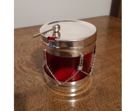 Viners International silver plated and ruby glass Drum shape lidded preserve pot, 8.5cm diameter x 10cm high