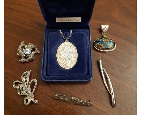 Late Victorian silver oval brooch, Birmingham 1900, silver and marcasite Bow brooch (marked Sterling), Elizabeth II Silver Ju