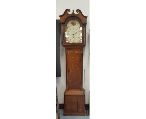 Early 19th Century oak and mahogany banded thirty hour longcase clock by Thomas Wallace of Brampton, 32cm white enamelled dia