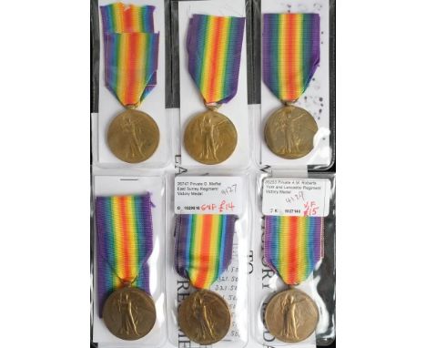 Six WWI Victory Medals:'37381 Pte W Howart Lanc R''6622 D A J Wood DH RNR''35253 Pte A M Roberts York & Lanc R''212421 Pte L 