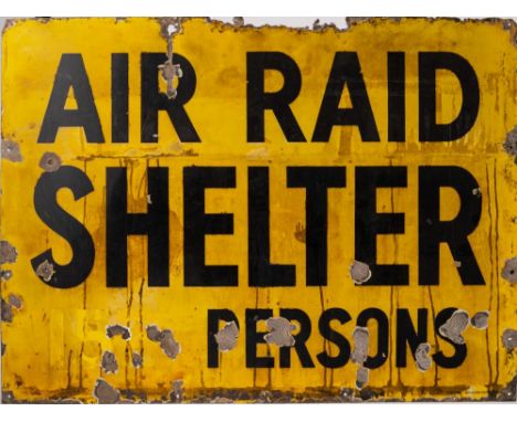 A WWII enamel Air Raid sign 'Air Raid Shelter 152 Persons' by Chromo, Wolverhampton: black text on yellow ground, signed lowe