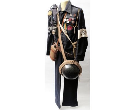 A WWII ARP blouse and trousers: with ARP patch to breast pocket, 'ARP' and 'Fire Guard' armbands, ARP whistle by J Hudson & C