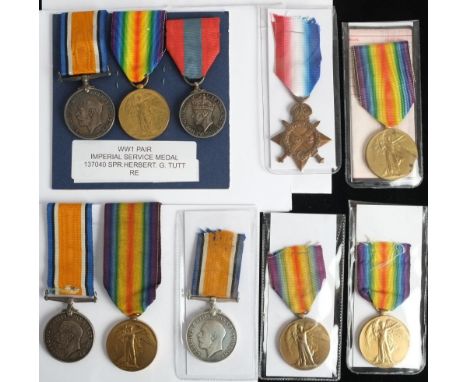 Three WWI pairs, Two Victory Medals and a 1914-15 Star:'53344 Pte F Wakefield The Queens R''Dvr G Barret SASC''137040 Spr Her