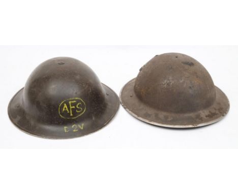 Two WWII Mk II Auxiliary Fire Service steel helmets: one with yellow 'AFS D2V' to front with liner and chin strap, the other 