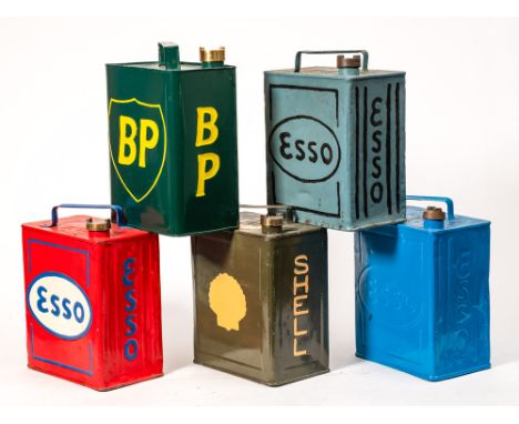 Five various vintage petrol cans: Esso, Shell and BP (repainted)