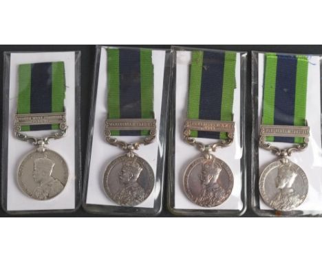Four George V India General Service Medals with single clasps:'377 Sep Bhoma Ram 1-14 BD Gds''l-13174 Pte J H Wisher, R Suss 