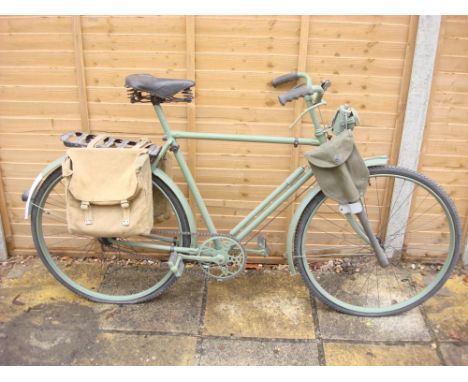 A 1940 BSA bicycle in the manner of a Home Guard Bicycle: green painted frame and handlebars, solid bar brakes, three speed g