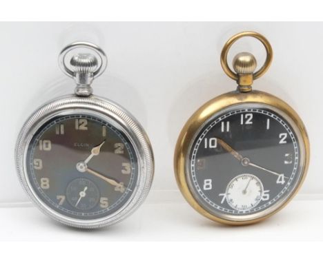 A Military issue open face pocket watch by Elgin: the black dial with luminous Arabic numerals and hands with subsidiary seco