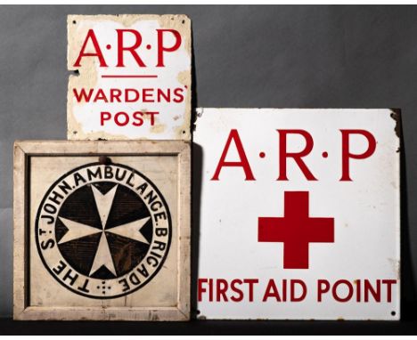 A WWII enamel sign 'ARP First Aid Point': 38 x 38cm, together with  an enamel 'ARP Wardens Post' sign 23 x 23cm (damaged and 