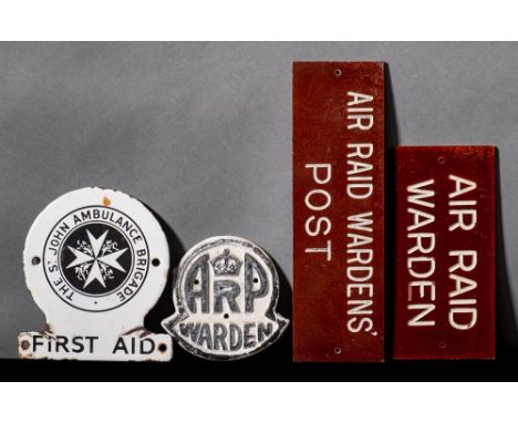 A WWII cast alloy 'ARP Warden' door sign: together with two resin door signs 'Air Raid Warden' and 'Air Raid Warden's Post', 