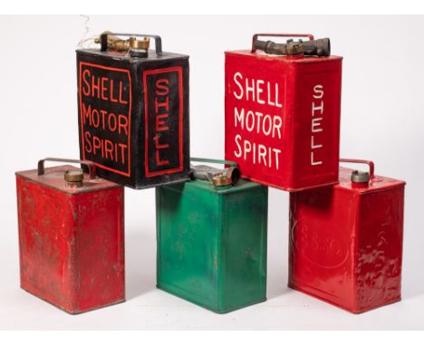 Two Shell petrol cans, an Esso petrol can and two others: (repainted)