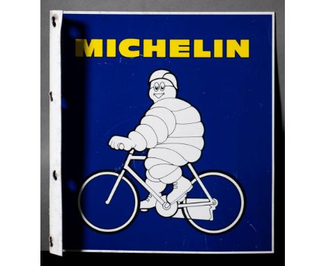 A Michelin Bicycle double sided enamel advertising sign: yellow text over Bibendum on a bicycle on a blue ground within a whi