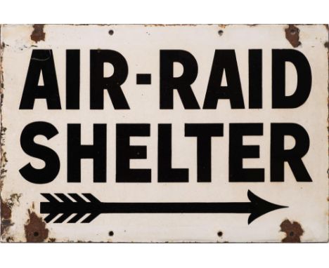 A WWII enamel double sided sign 'Air-Raid Shelter' with directional arrow by Chrono, Wolverhampton: black text on white groun