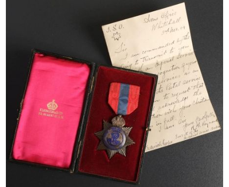 An Edward VII Imperial Service Order to Frederick Hooper for services to the Postal Service: in case of issue with manuscript