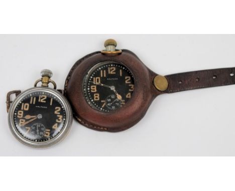 Two Military Issue open face pocket watches by Waltham: both with black dial, luminous Arabic numerals and hands and subsidia