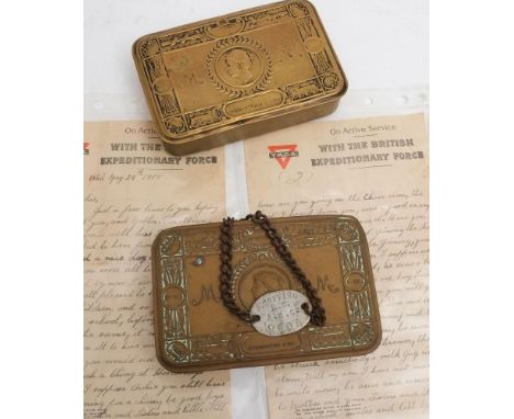 Two WWI  1914 Christmas tins: together with an identity tag for ' J Copping RC, ASC 8104', a WWI two sheet manuscript letter 