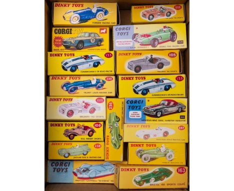 A group of various Dinky racing cars: including No. 238 Jaguar Type D racing car, No .23H Ferrari Racing car and others (repr