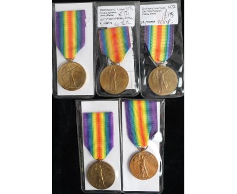 Five WWI Victory Medals:'3180 Spr O T Birch RE''3315 Cpl R Piper Midd'x R''890566 Gnr M Cutler RA''2840 Dvr J G Steff RA''654