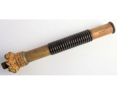 A Victorian brass Tipstaff of Office by Parker, Field &amp; Co, London: gilt Queen's crown top on brass shaft with ribbed ebo