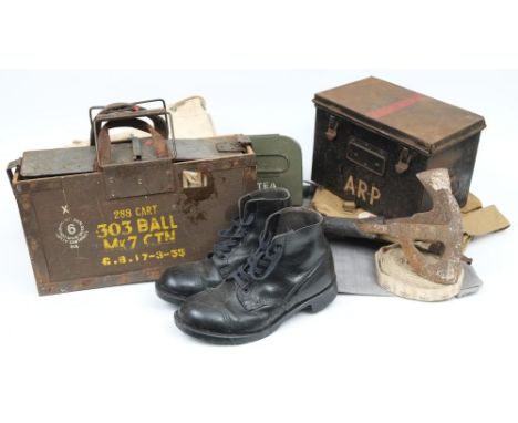 Two WWII period escape axes: together with a Type P8 spit bar compass, an Aldis lamp, a group of canvas bags and miscellaneou