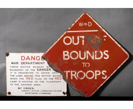 A Northern Command enamel warning  sign 'Danger War Department Range': black and red text on white ground, 26 x 36cm together