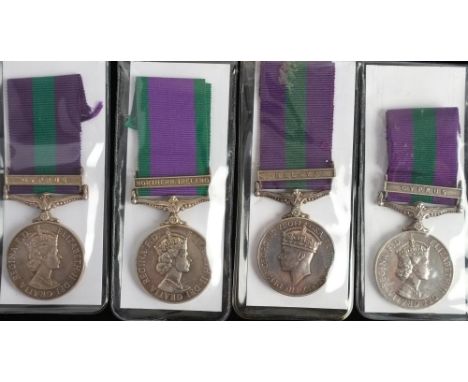 Four General Service Medals with clasps:'32760 SC Ali B H J Saleh F Of M Pol''24169365 Cfn K Brown REME''5024313 LAC C B Slat